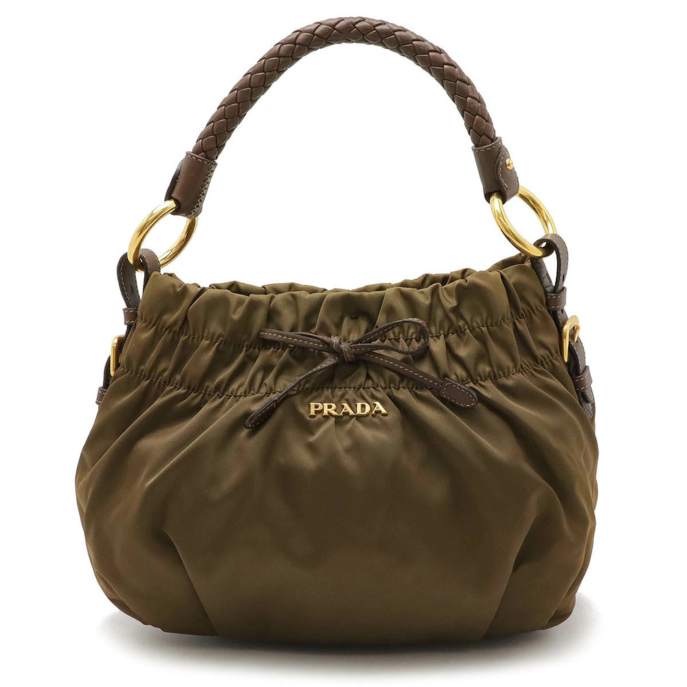 Prada Gathered Ribbon 2way Shoulder Bag Hobo Leather Khaki Green Brown